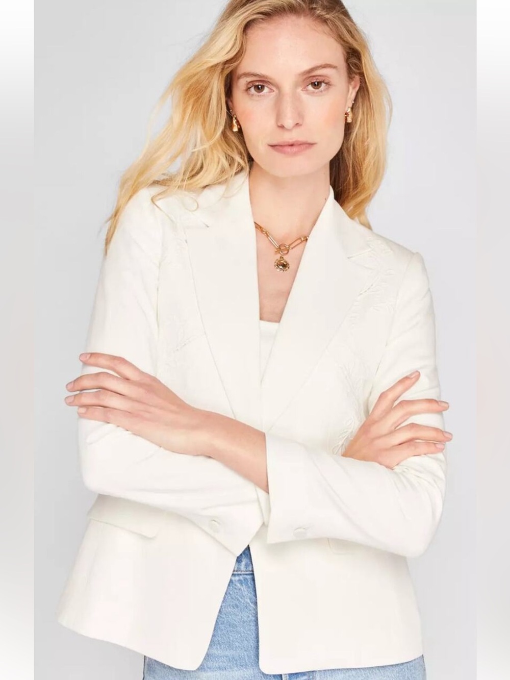 JASON WU Chic The Classics Embroidered Off White Linen Jacket Blazer Size XS